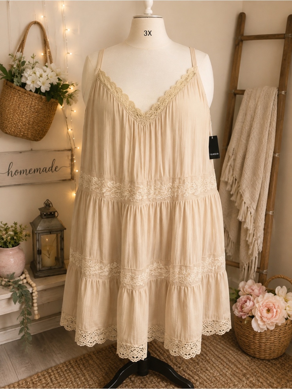 Torrid Festi Cami Mini Dress 3X 22/24 Mushroom Lace Boho Tiered NWT